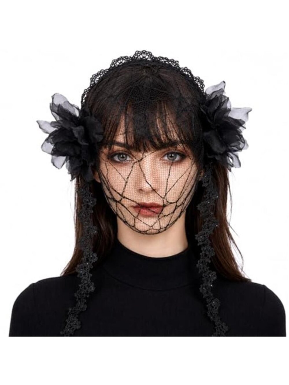Women's Gothic Spider Web Lace Face Veil, Black Mesh Face Cover with Floral